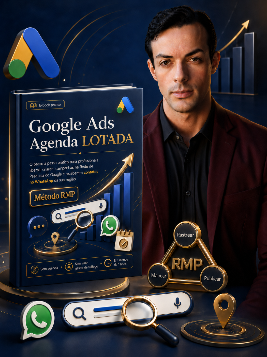 Google Ads Agenda LOTADA com mockup do e-book e foto de Dennys Lima