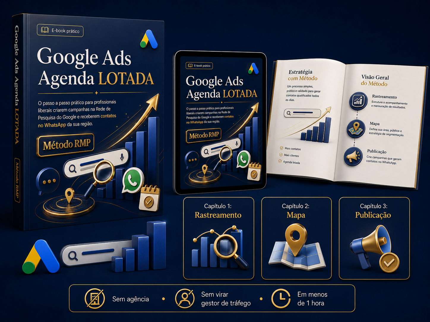 Mockups e conteúdo do e-book Google Ads Agenda Lotada